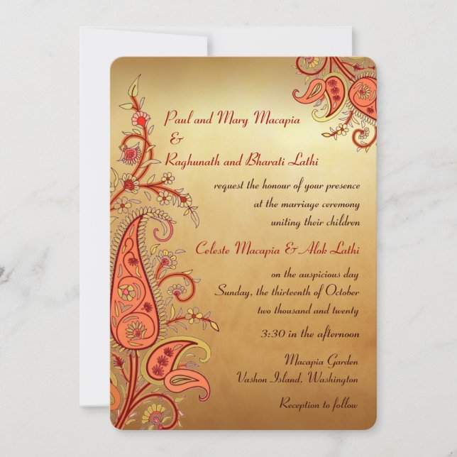 Paisley Floral Gold Red Orange Indian Wedding Invitation (Front)