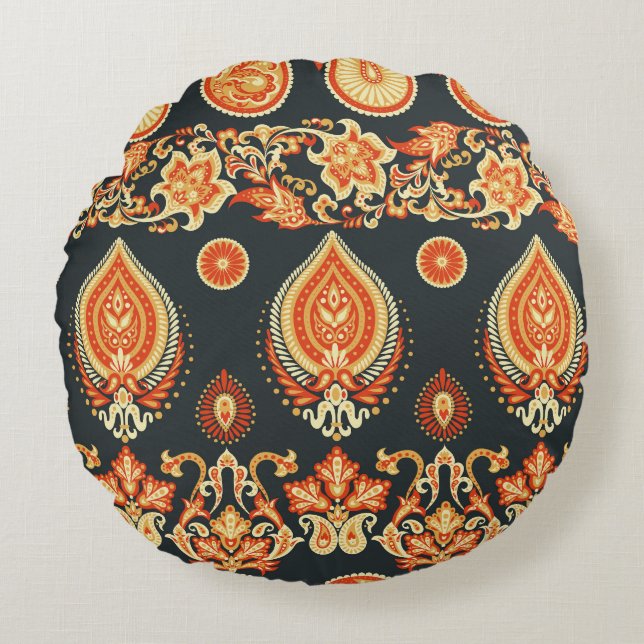 Paisley Floral: Oriental Ethnic Seamless Round Cushion (Front)