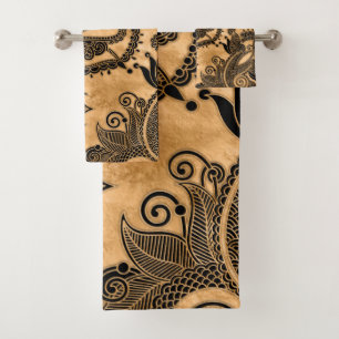 Paisley Floral  Ornament - Black and Pastel Gold Bath Towel Set