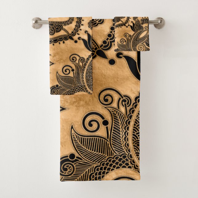 Paisley Floral  Ornament - Black and Pastel Gold Bath Towel Set (Insitu)