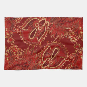 Paisley Floral Ornament Ruby red and gold Tea Towel