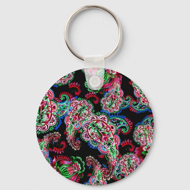 Paisley Floral Pattern, Ethnic Background. Key Ring (Front)