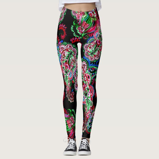 Paisley Floral Pattern, Ethnic Background. Leggings (Front)