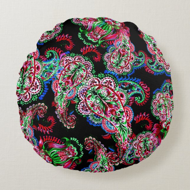 Paisley Floral Pattern, Ethnic Background. Round Cushion (Front)