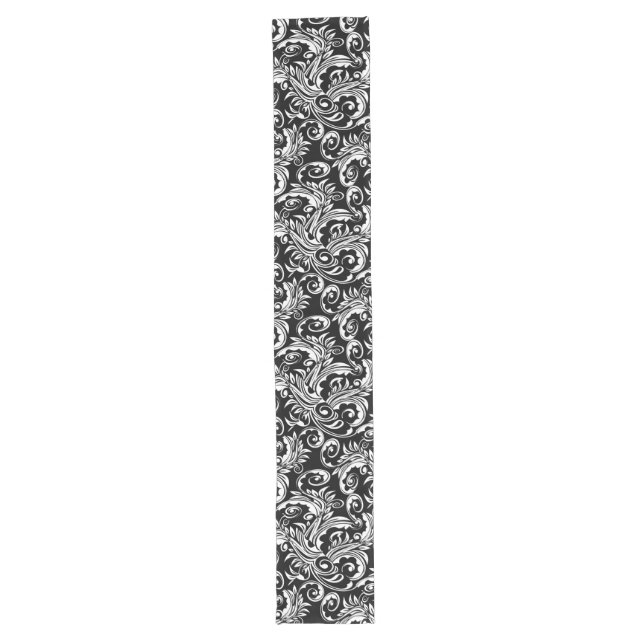 Paisley floral pattern swirl black white long table runner (Front)