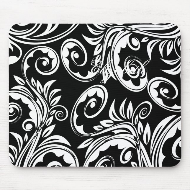 Paisley floral pattern swirl black white mouse pad (Front)