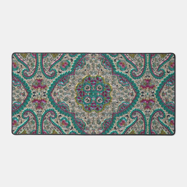 Paisley floral pattern teal silver pink bohemian  desk mat (Front)