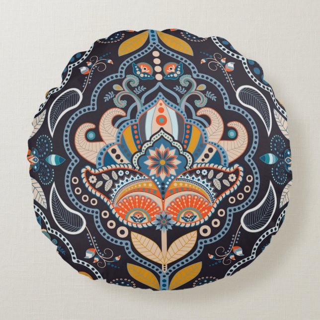 Paisley floral seamless pattern. Dark backdrop wit Round Cushion (Front)