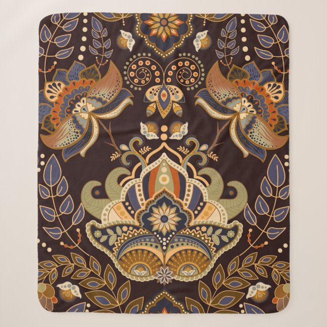 Paisley floral seamless pattern. Dark backdrop wit Sherpa Blanket (Front)