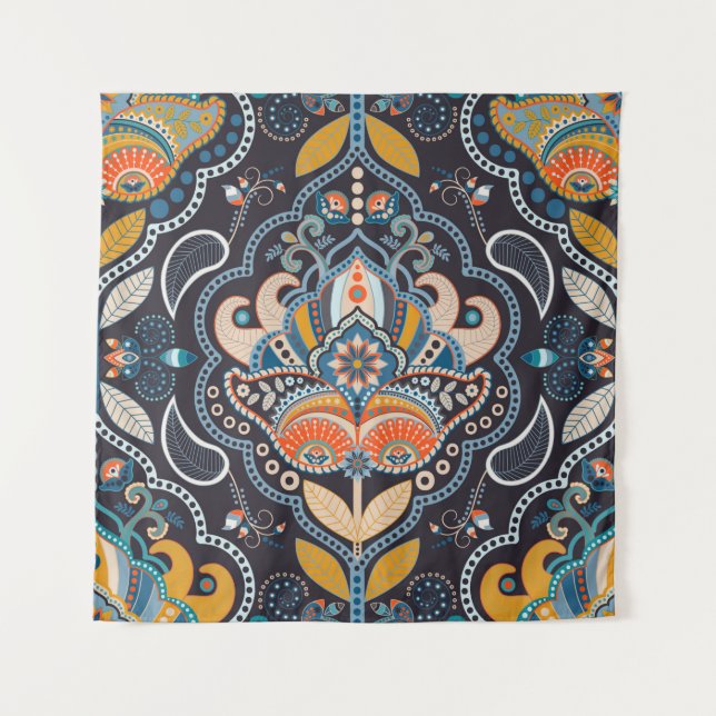 Paisley floral seamless pattern. Dark backdrop wit Tapestry (Front)