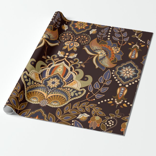 Paisley floral seamless pattern. Dark backdrop wit Wrapping Paper (Unrolled)