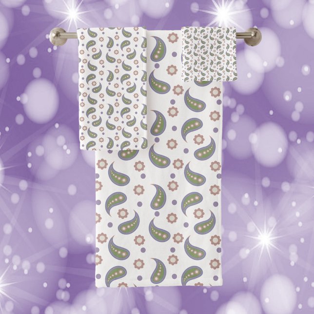 Paisley Flowers Dots Green Purple Pink Bath Towel Set (A cute towel set with paisley, flowers and dots done in green, pink, purple & blue.)