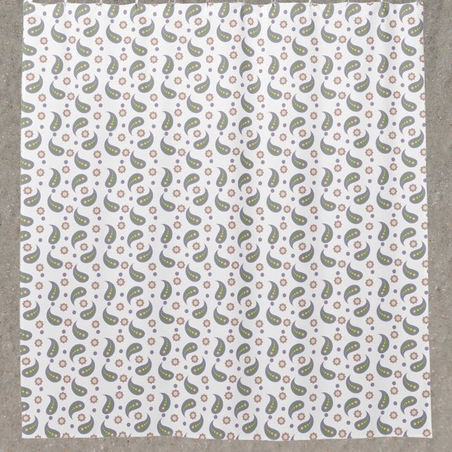 Paisley Flowers Polka Dots Green Pink Purple Shower Curtain (A shower curtain with a pattern of paisley, flowers and dots done in pink, green, purple & blue.)