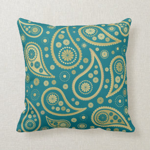 Paisley Funky Large Pattern Print in Teal & Golds Cushion