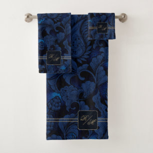 Paisley Garden Flora Monogram Navy Blue/Gold ID750 Bath Towel Set