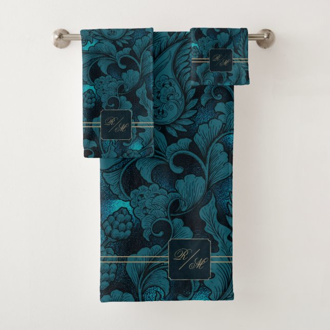 Paisley Garden Floral Monogram Teal/Gold ID750 Bath Towel Set (Insitu)