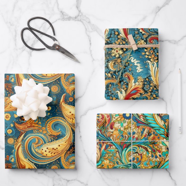 Paisley Golden Flower Abstract Pattern Set 1 Wrapping Paper Sheet (Front)