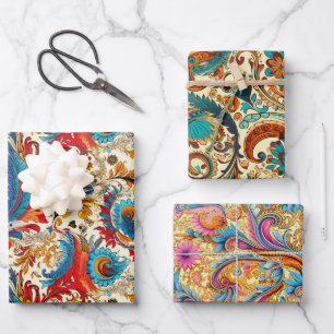 Paisley Golden Flower Abstract Pattern Set 2 Wrapping Paper Sheet