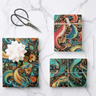 Paisley Golden Flower Abstract Pattern Set 3 Wrapping Paper Sheet