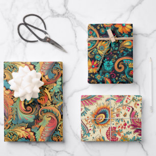 Paisley Golden Flower Abstract Pattern Set 5 Wrapping Paper Sheet
