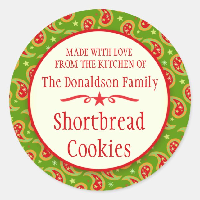 Paisley green red cookie swap baking gift stickers (Front)