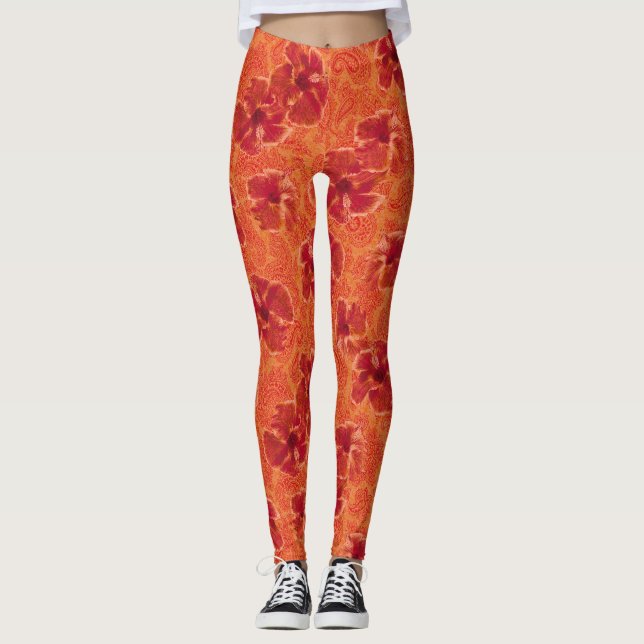 Paisley Hibiscus Vintage Psychedelic Floral Leggings (Front)