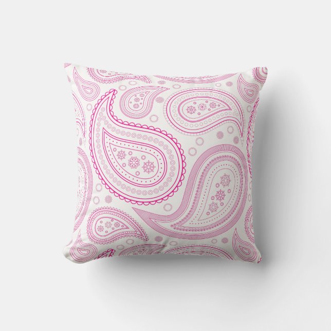 Paisley Hot Pink on White Throw Pillow (Front)