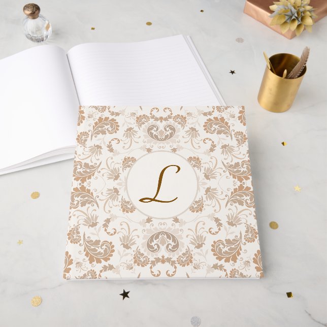 Paisley in Beige Aesthetic Modern Tan Brown Init. Guest Book (Front Open)