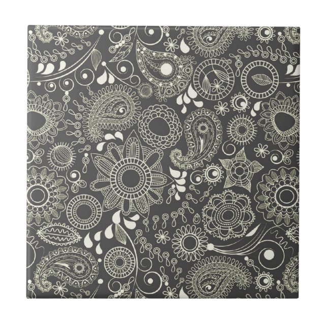 Paisley in Black & Yellow Ceramic Tile (Front)