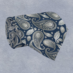 Paisley in Navy Blue and Elegant Silver Tie