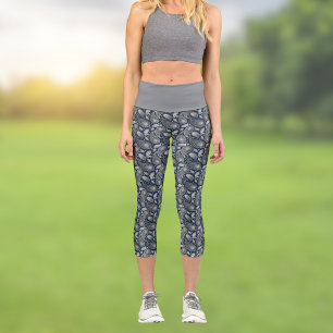 Paisley in Navy Blue Elegant Silver Vintage Look Capri Leggings