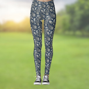 Paisley in Navy Blue Elegant Silver Vintage Look Leggings