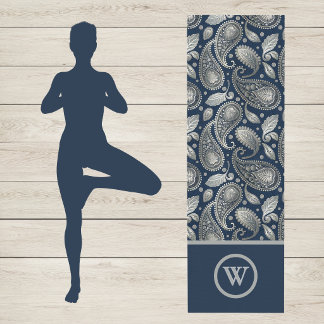 Paisley in Navy Blue Silver Vintage Look Monogram Yoga Mat
