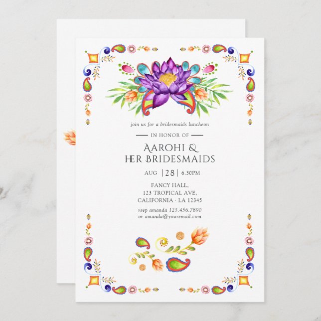 Paisley Lotus Flower Indian Bridesmaids Luncheon Invitation (Front/Back)