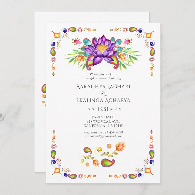 Paisley Lotus Flower Indian Couples Shower Invitation (Front/Back)