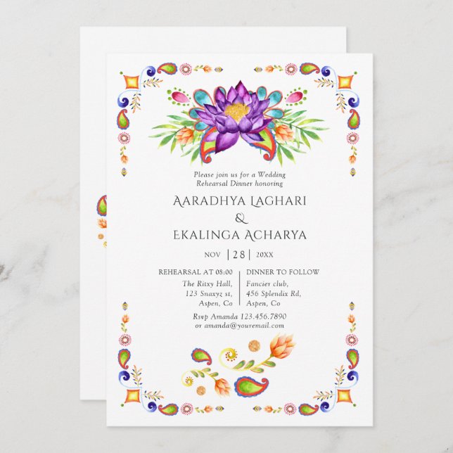 Paisley Lotus Flower Indian Rehearsal Dinner Invitation (Front/Back)