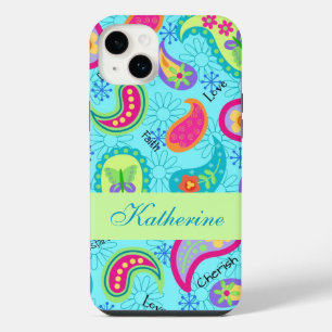 Paisley Modern Name Personalised Turquoise Blue iPhone 14 Plus Case