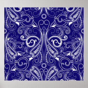 Paisley monochrome: blue, white elegance. poster