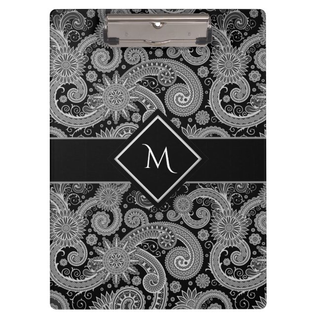 Paisley Monochrome with Framed Initial Clipboard (Front)
