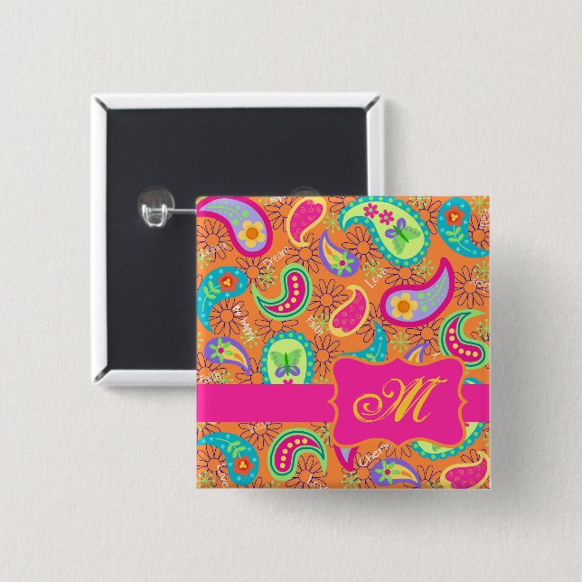 Paisley Monogram Hot Pink Orange Whimsy 15 Cm Square Badge (Front & Back)