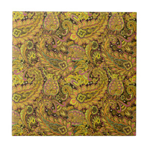 Paisley Motif in Yellow, Brown on Black Background Ceramic Tile