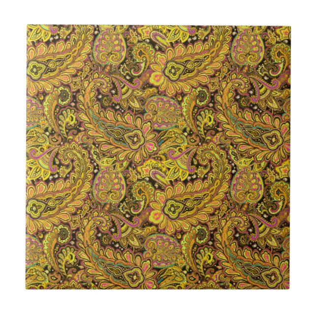 Paisley Motif in Yellow, Brown on Black Background Ceramic Tile (Front)