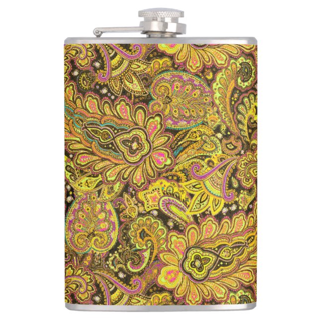 Paisley Motif in Yellow, Brown on Black Background Hip Flask (Front)