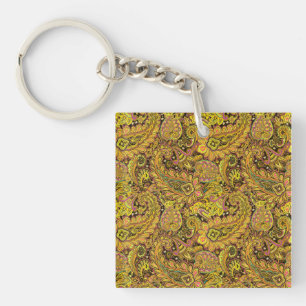 Paisley Motif in Yellow, Brown on Black Background Key Ring