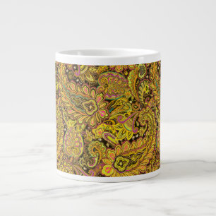Paisley Motif in Yellow, Brown on Black Background Large Coffee Mug
