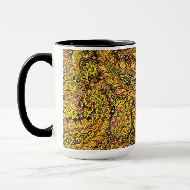 Paisley Motif in Yellow, Brown on Black Background Mug (Left)