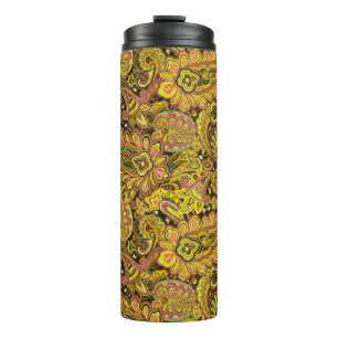 Paisley Motif in Yellow, Brown on Black Background Thermal Tumbler
