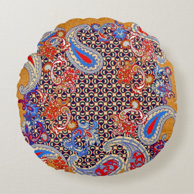 Paisley multicolor scarf design round cushion (Front)