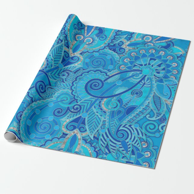 Paisley Ornament - Sky Blue and silver Wrapping Paper (Unrolled)