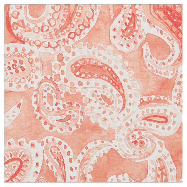 PAISLEY PARTY Boho Orange Watercolor Pattern Fabric (Close Up)